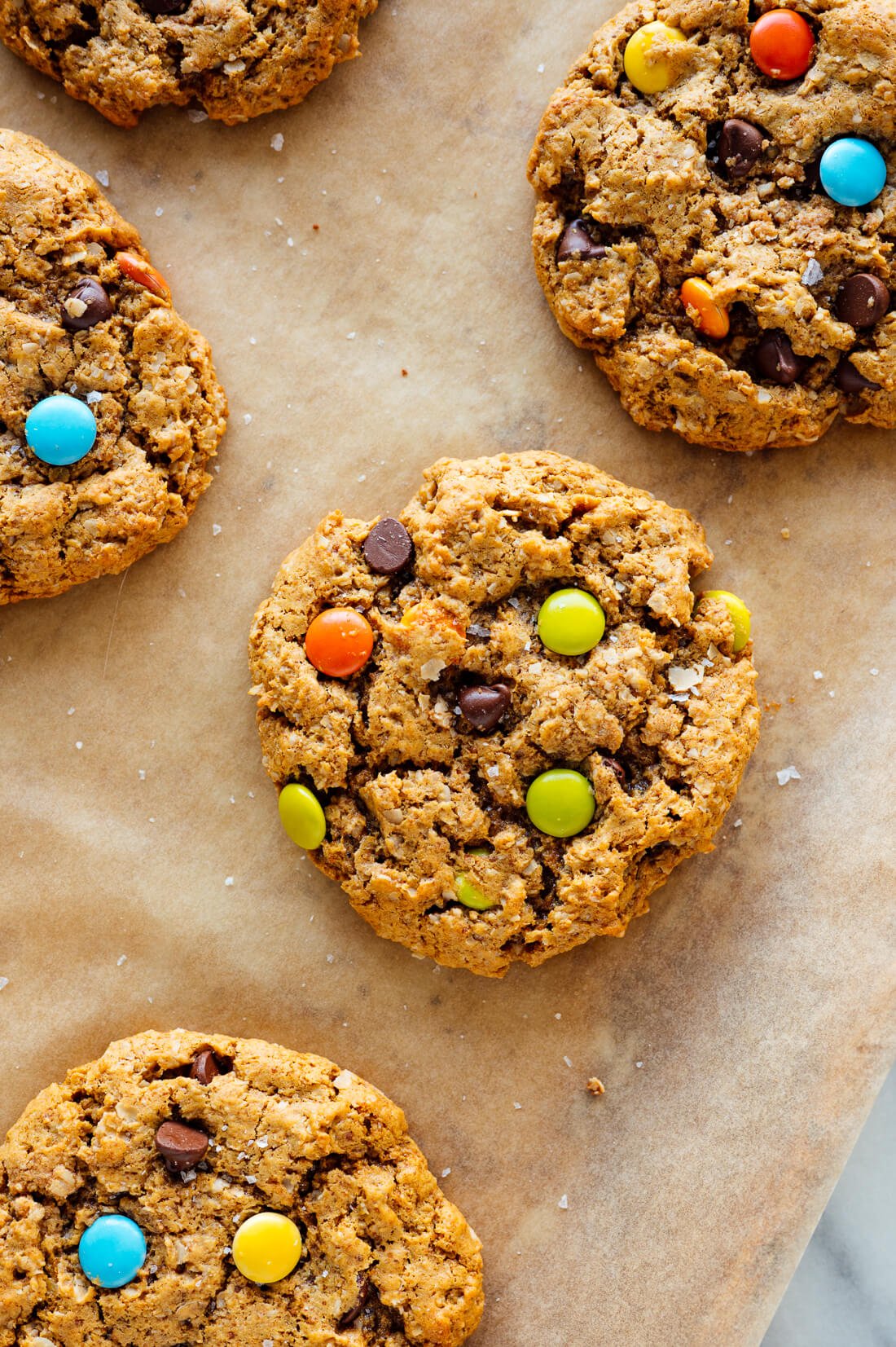 oatmeal peanut butter cookies with chocolate and colored chocolate candies